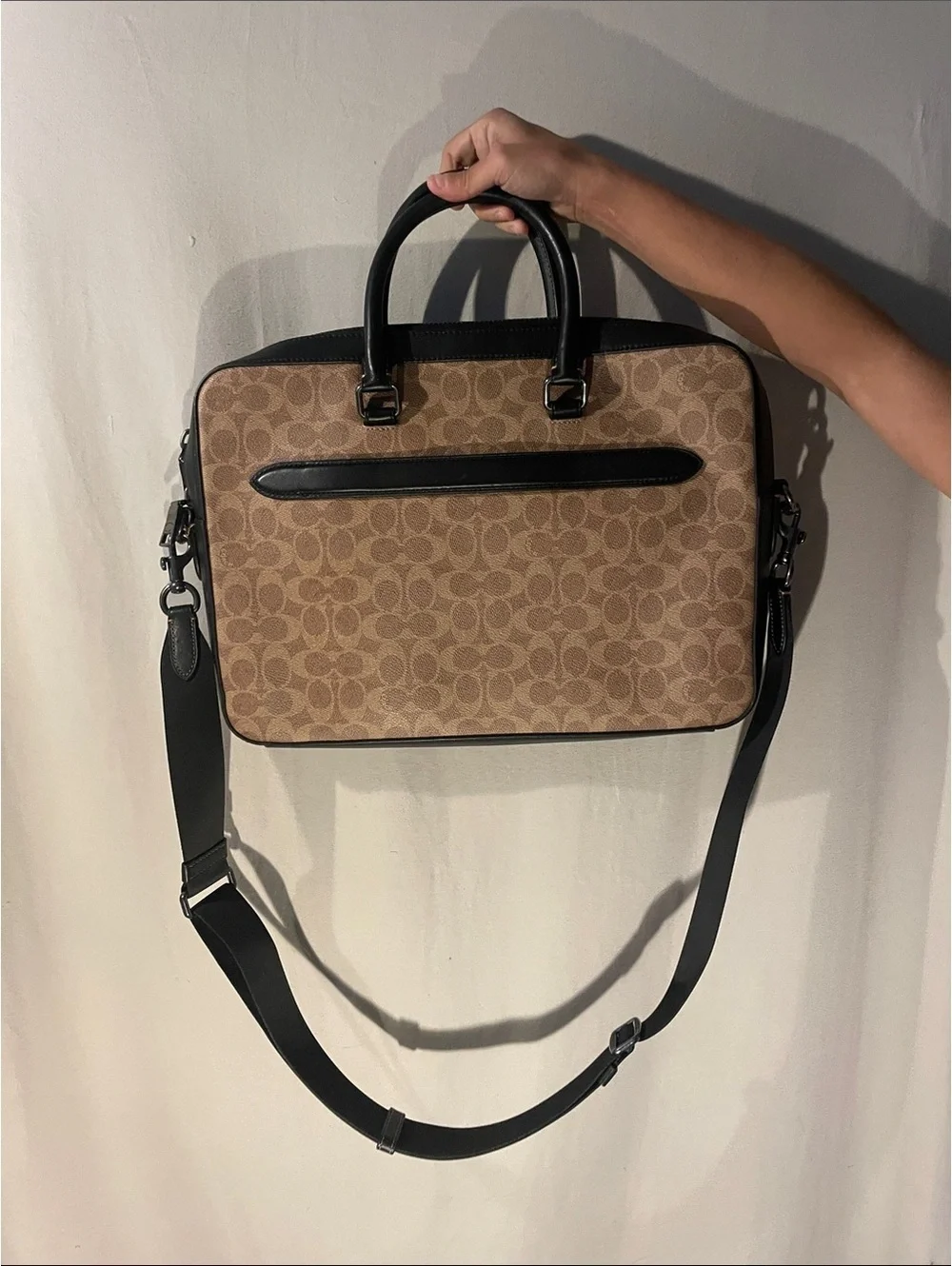 Coach Brown Signature Canvas Laptop Bag with Black Trim